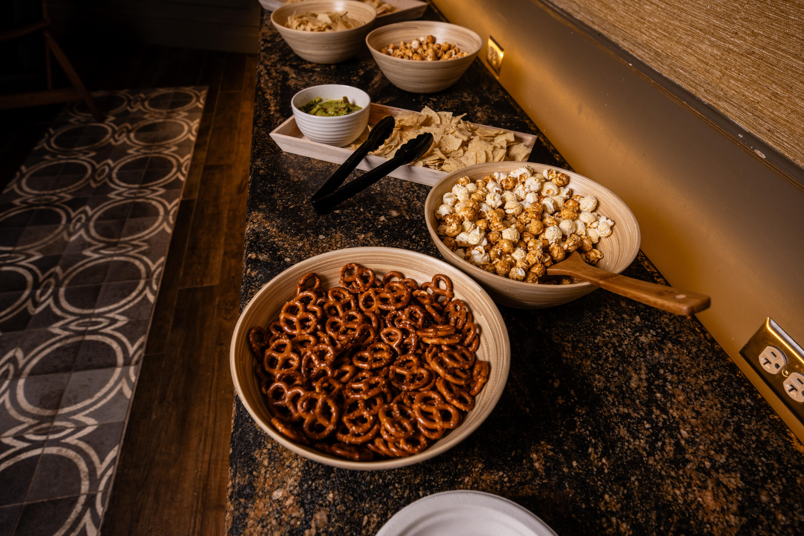 Aerial view of a buffet table with many snacks