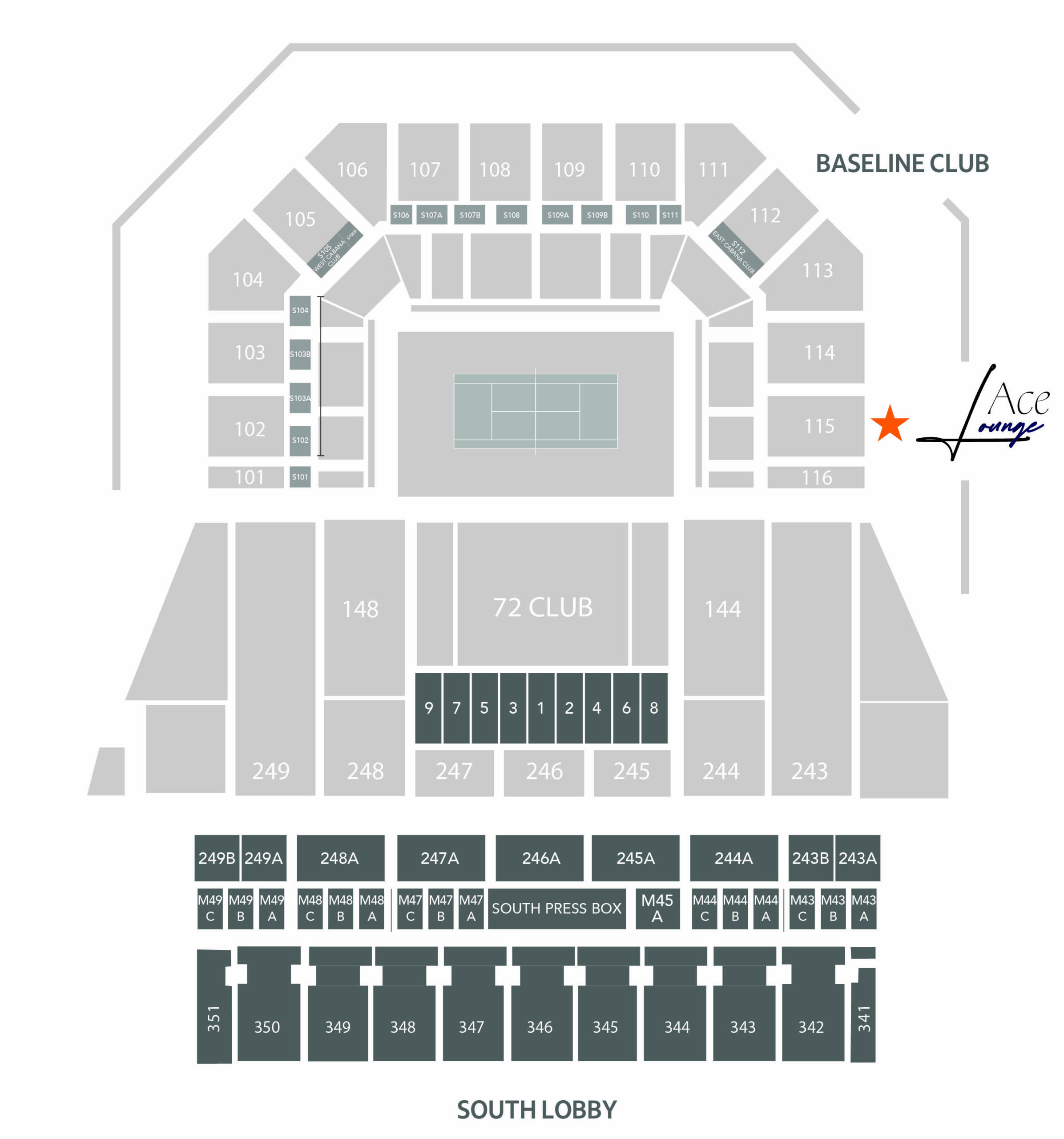 Map that shows the location of Ace Lounge in the stadium