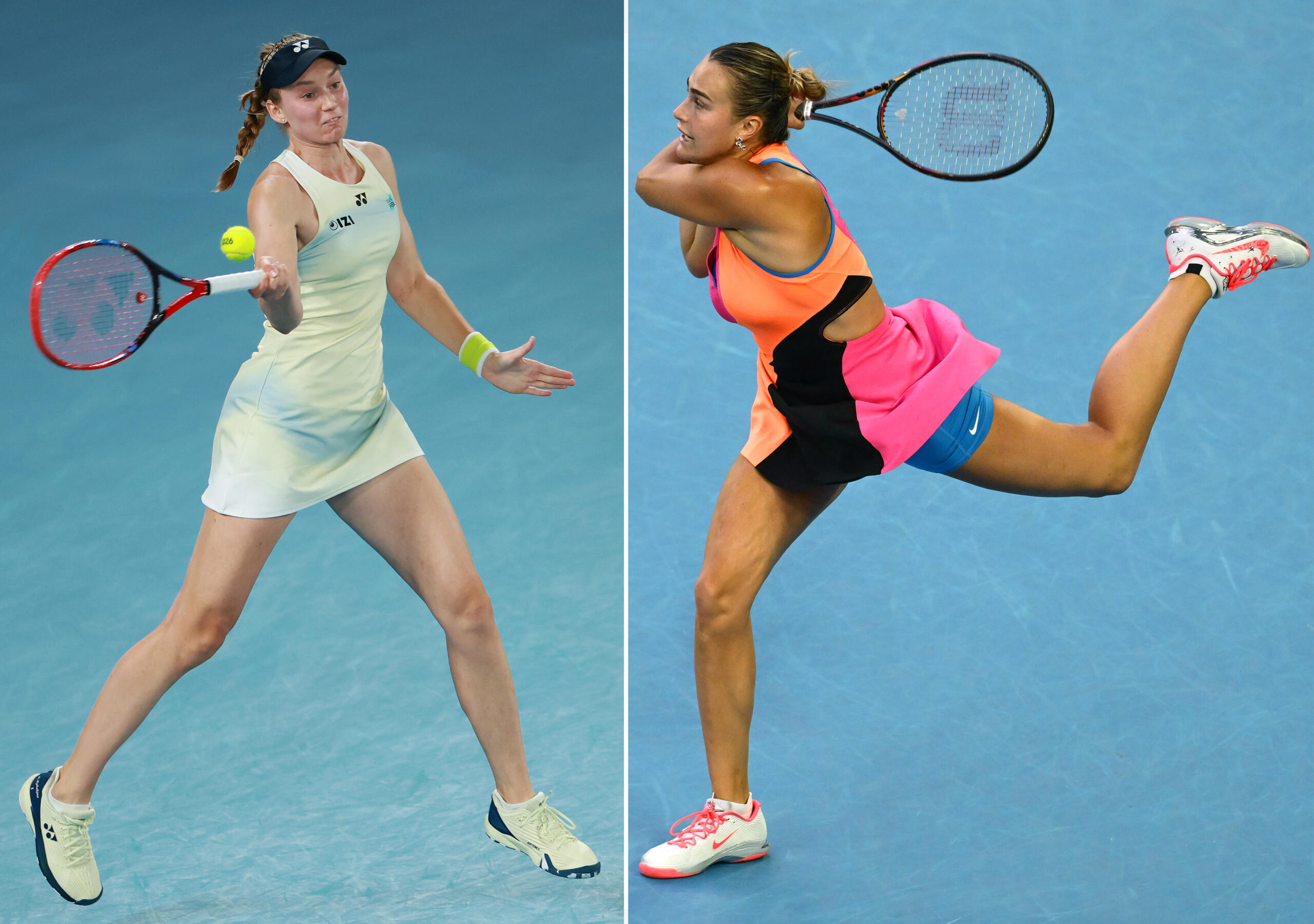 Elena Rybakina of Kazakhstan on the left and Aryna Sabalenka plays a backhand on the right.