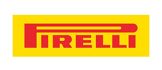 Classic Pirelli logo with red lettering on yellow background. 