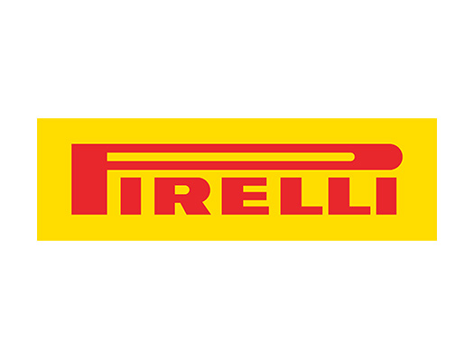 Classic Pirelli logo with red lettering on yellow background. 