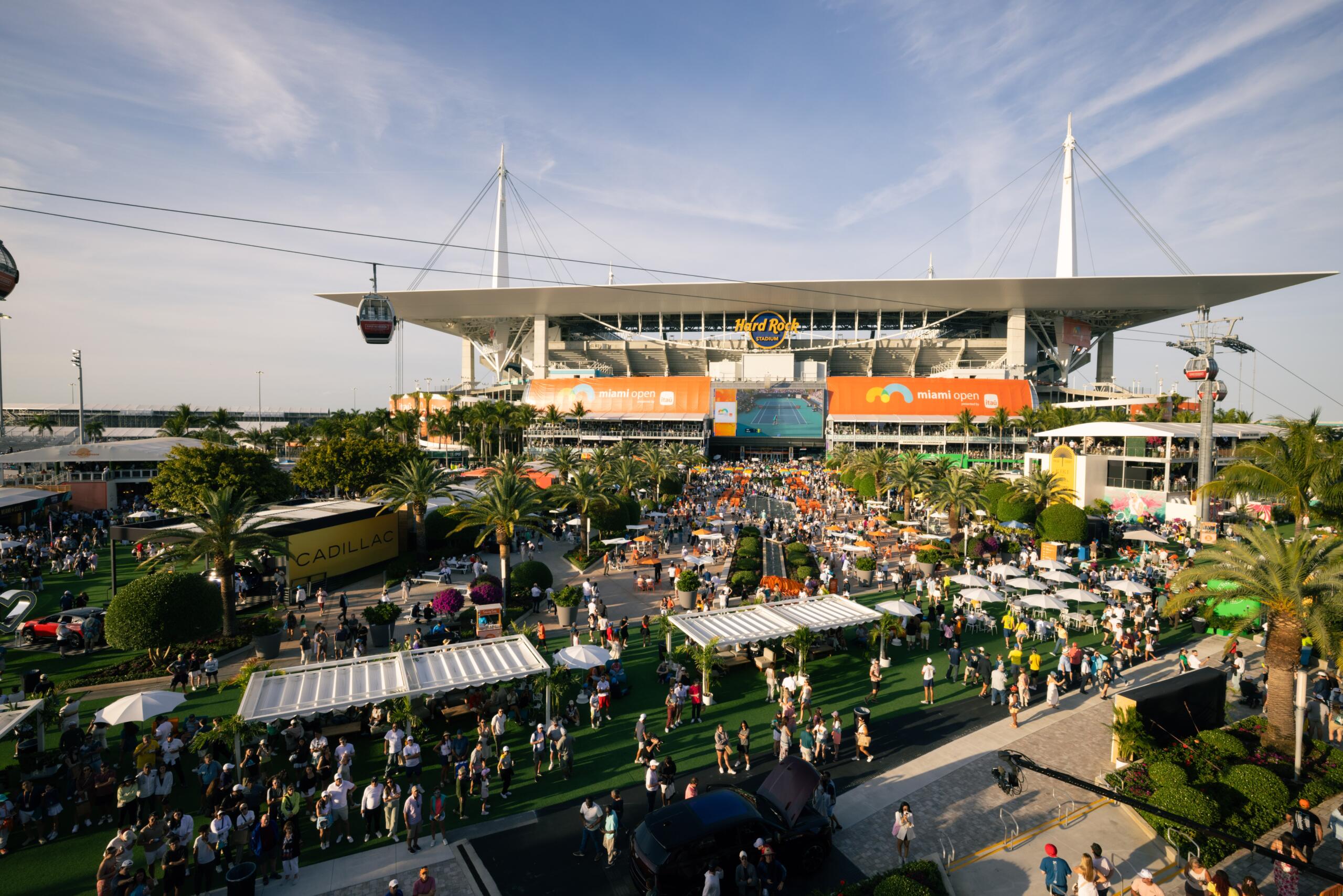 Birds eye view of Miami Open campus grounds at sunset