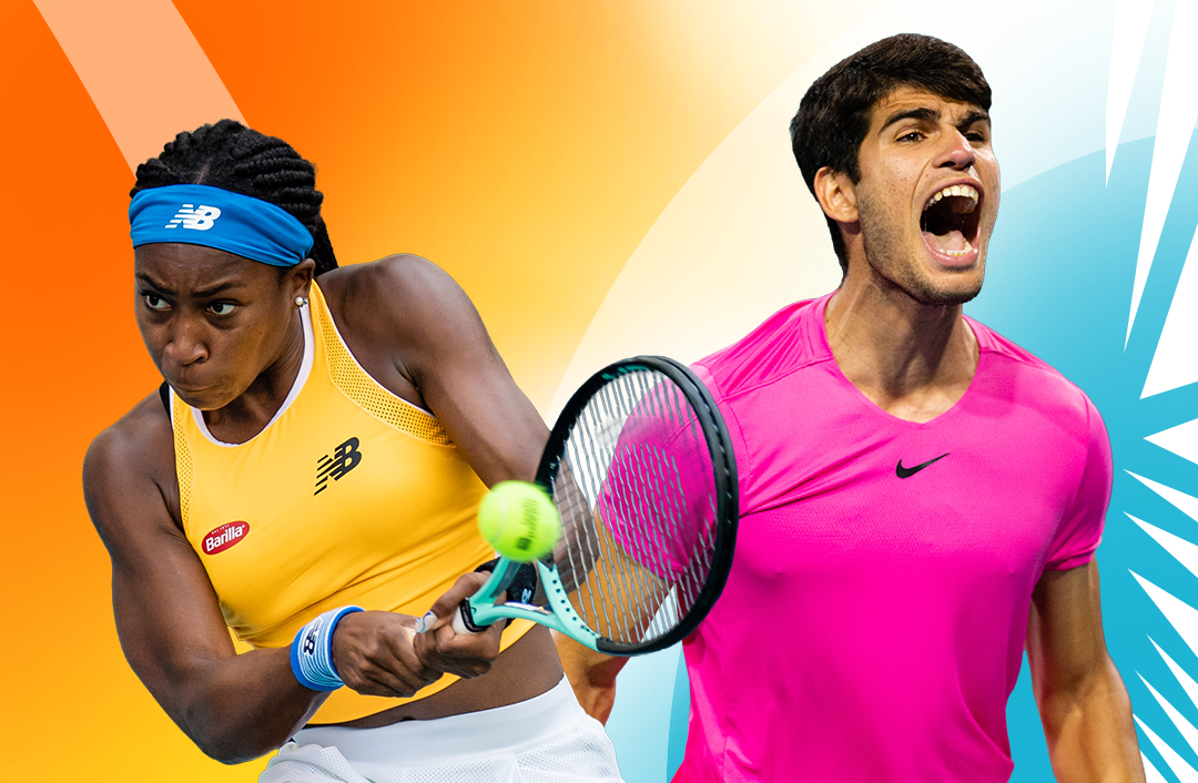 Graphic of Coco Gauff hitting a ball cross body next to a celebratory Carlos Alcaraz.