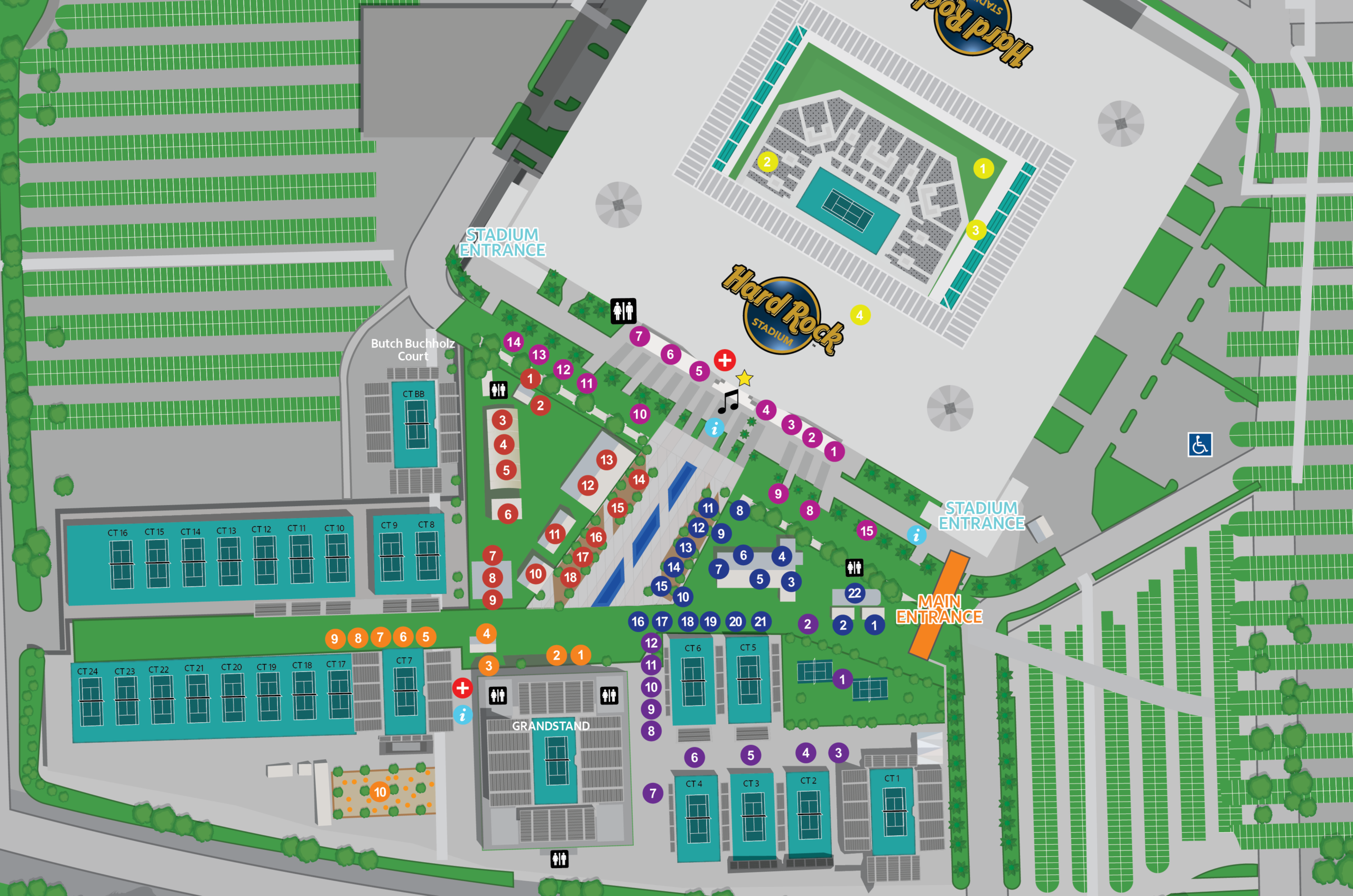 Labeled map of 2026 Miami Open eateries and shops.