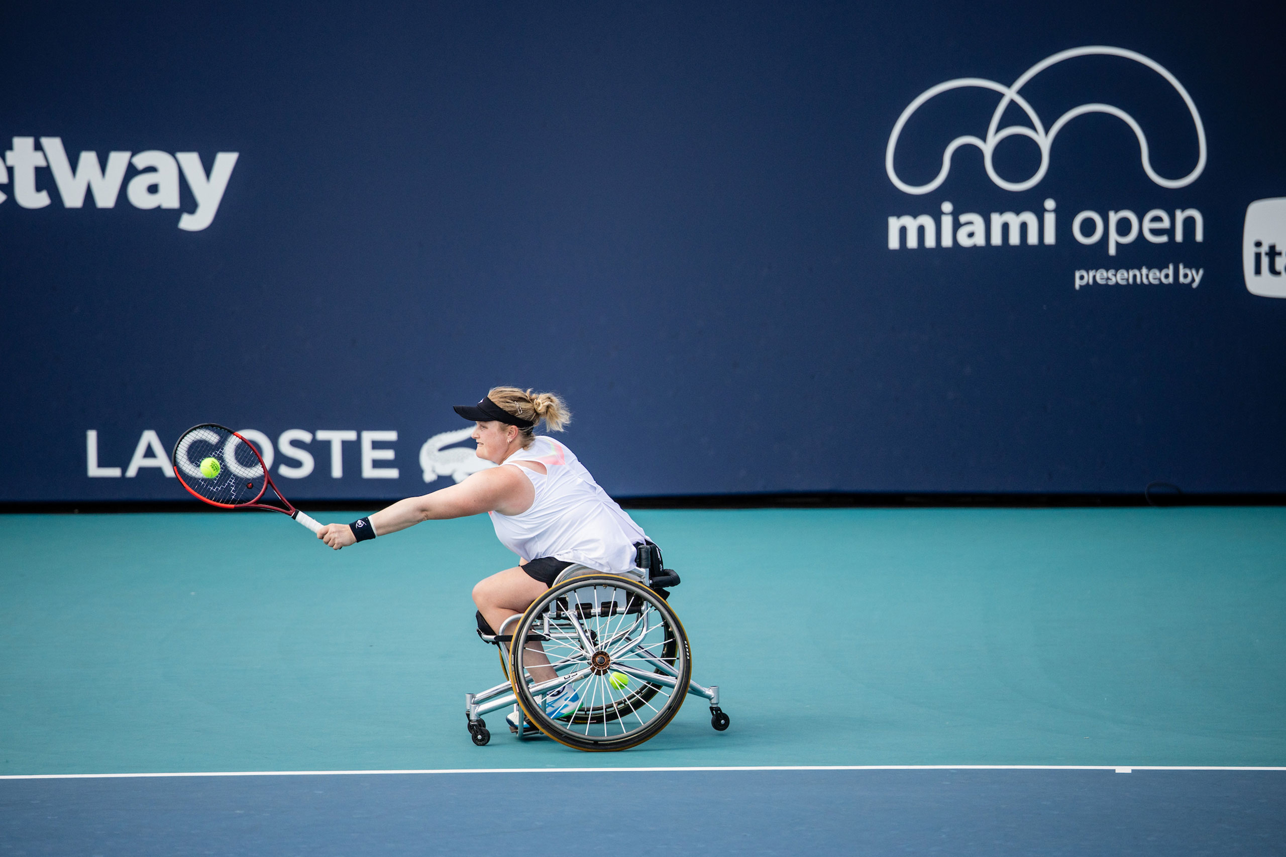 Aniek Van Koot of The Netherlands returns at Butch Buchholz court during the Miami Open tennis tournament, Thursday, Mar. 27, 2025, in Miami Gardens, Fla. (AJ Shorter/South Florida Stadium)