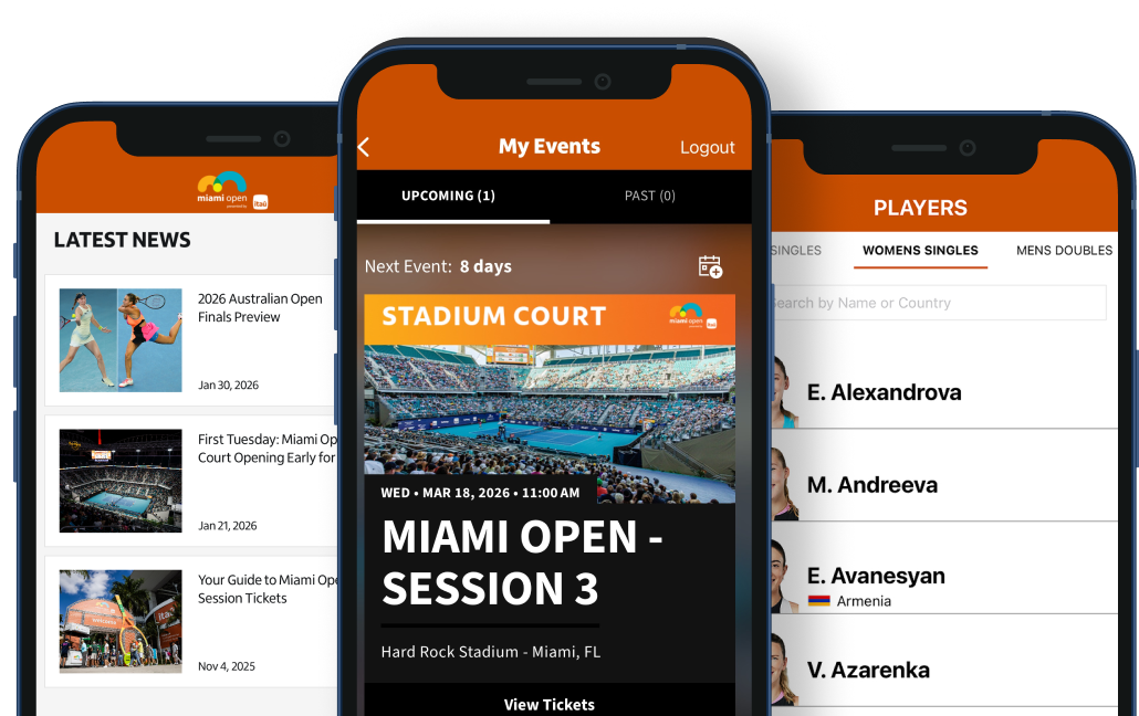 Images of various features available when you download the official Miami Open app including live scores, player rankings and more.