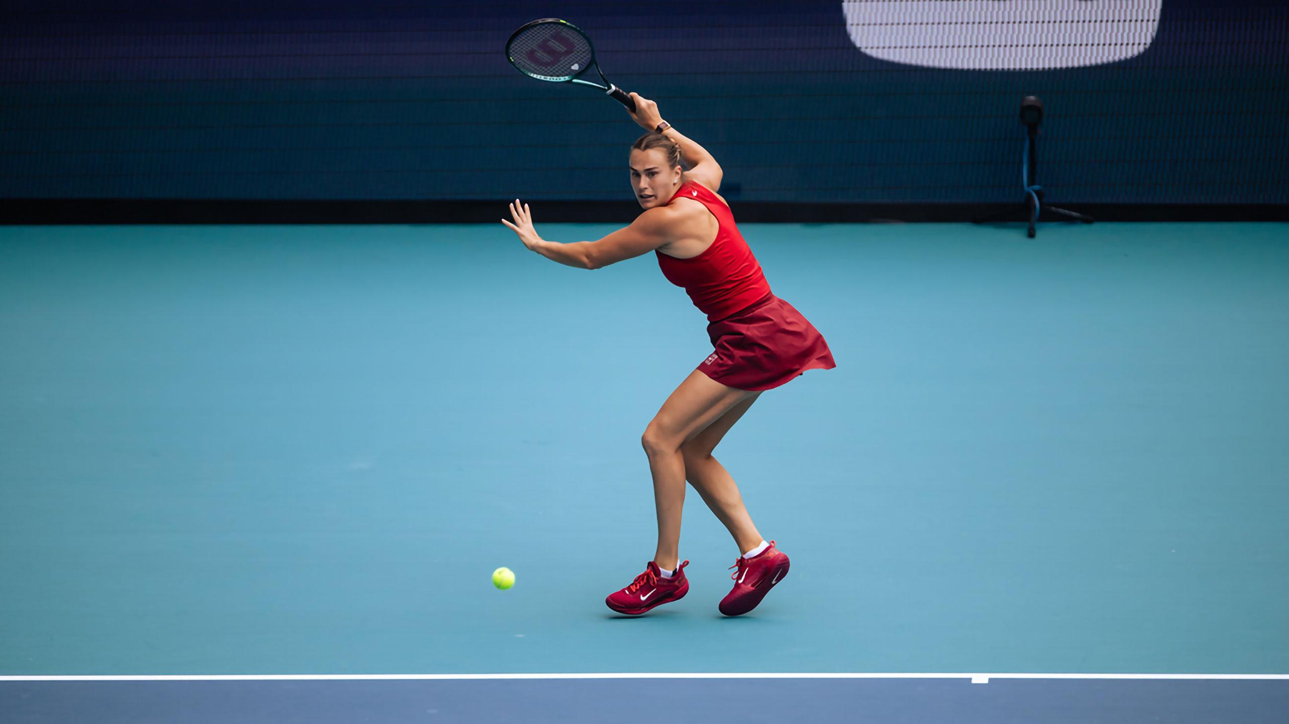 Aryna Sabalenka of Belarus plays on stadium Court during the women’s final of the Miami Open tennis tournament, Saturday, Mar. 29, 2025, in Miami Gardens, Fla. (Jose Pineiro/South Florida Stadium)