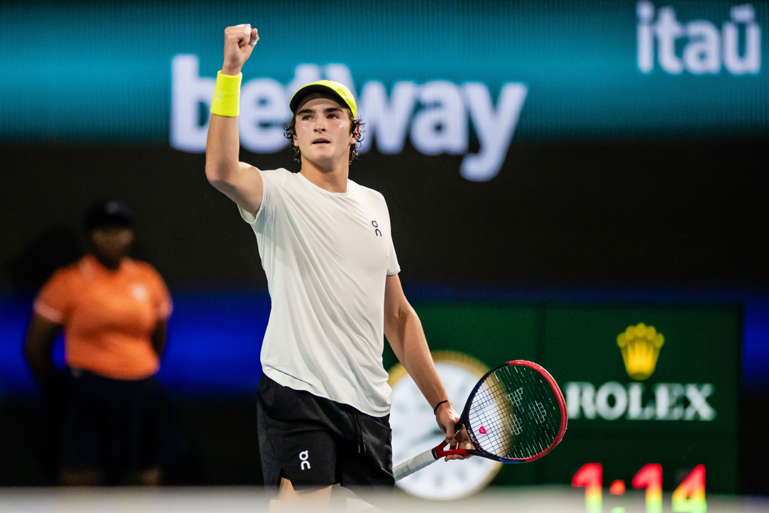 Joao Fonseca of Brazilon celebrates on the stadium court during the Miami Open tennis tournament, Monday, Mar. 24, 2025, in Miami Gardens, Fla. (Tomás Diniz Santos/South Florida Stadium)
