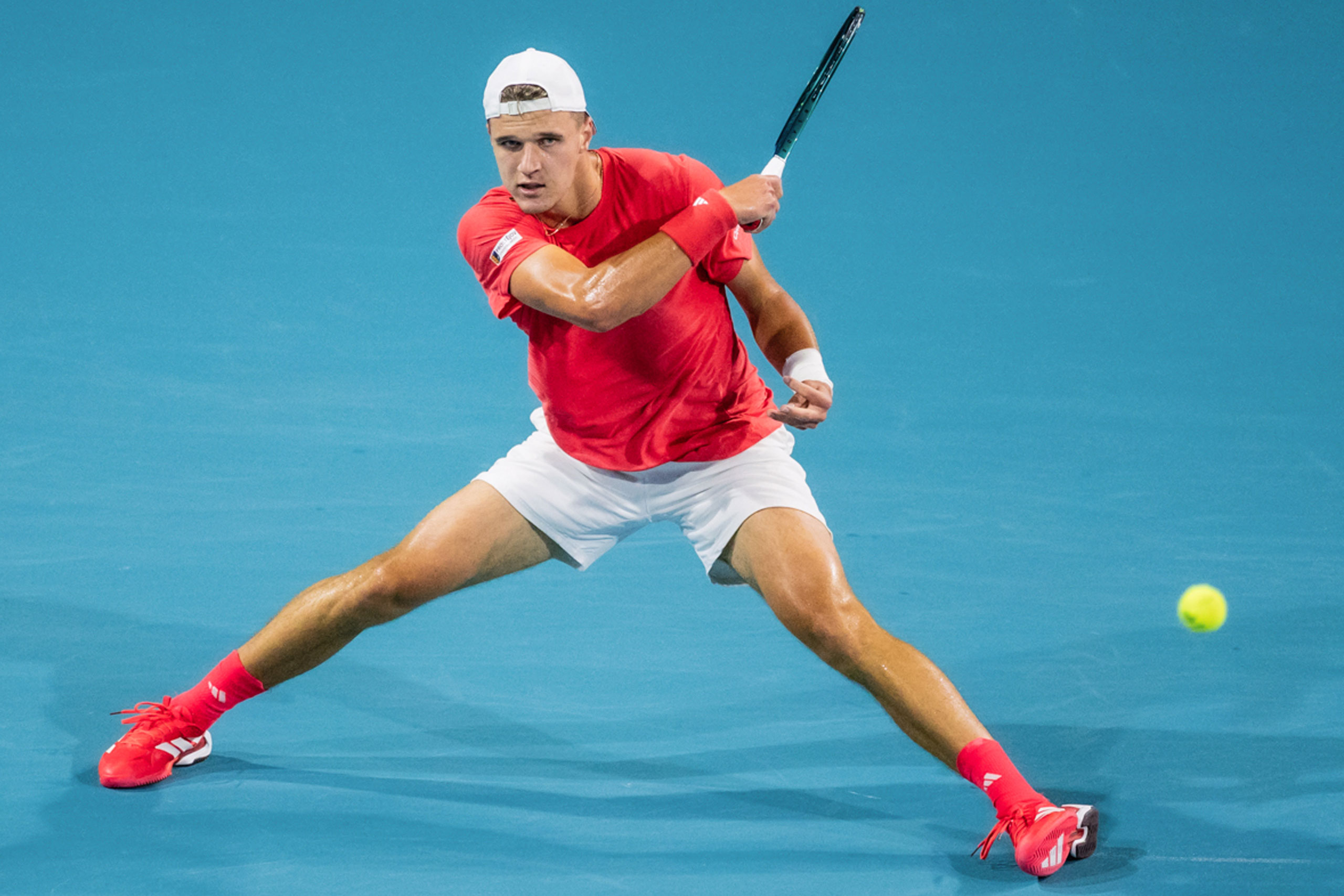 Jakub Mensik of The Czech Republic returns in the Men’s Singles Final at Hard Rock Stadium court during the Miami Open tennis tournament, Sunday, Mar. 30, 2025, in Miami Gardens, Fla. (AJ Shorter/South Florida Stadium)