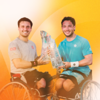 Mens wheelchair doubles 2026 Miami Open men's doubles champions Simonec Bolelli & Andrea Vavassori smile while holding their trophy together.