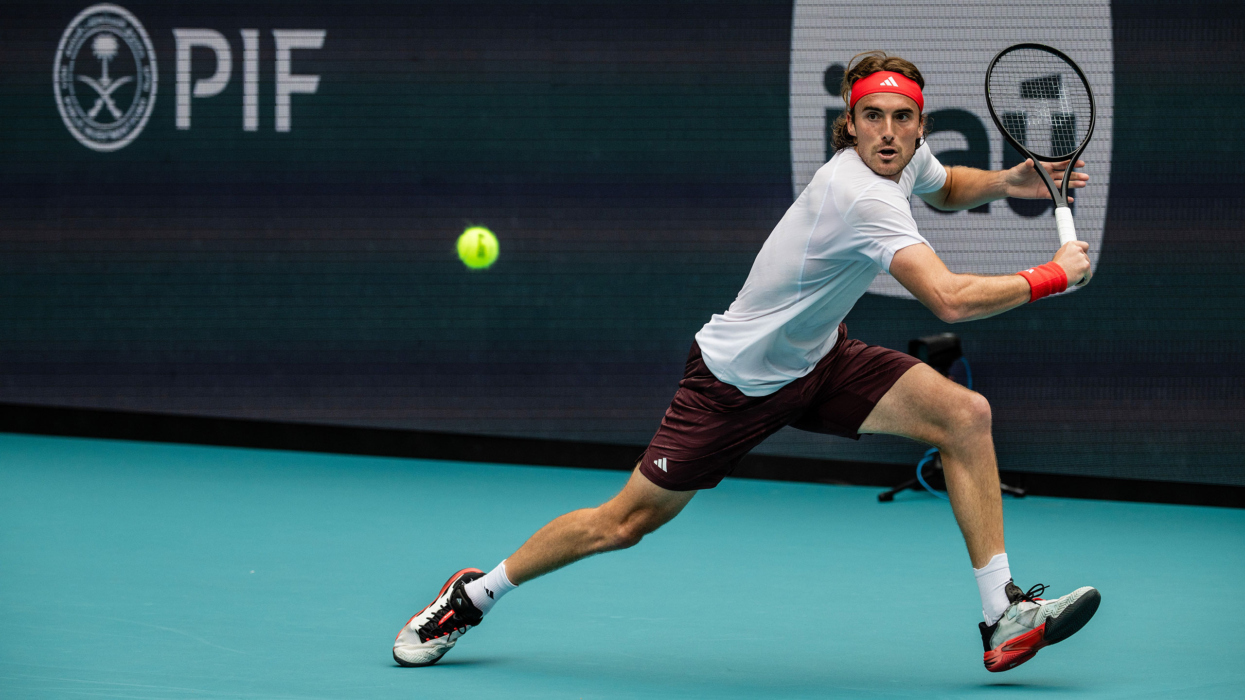 Stefanos Tsitsipas of Greece plays on the Stadium Court during the Miami Open tennis tournament, Sunday, Mar. 23, 2025, in Miami Gardens, Fla. (Robby Illanes/South Florida Stadium)